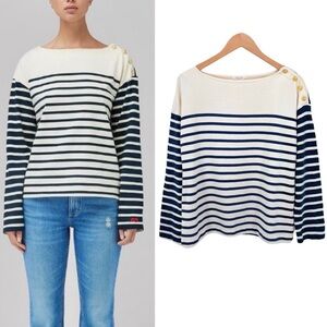 Rag & Bone Bardot Stripe Long Sleeve Top Sz L Navy Cream Gold Buttons Nautical